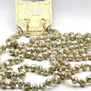 Ole Opalescent Sage Green Faceted Glass Bead Knotted‎ Necklace and Earring Set